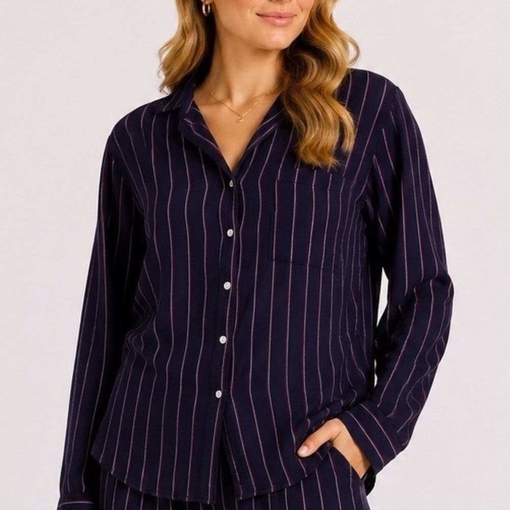 Grayson Frank & Eileen The Hero Navy Blue Striped Lyocell Button Down Shirt 01 S